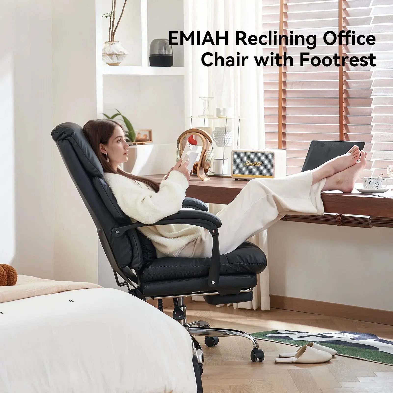 EMIAH C029 Ergonomic Genuine Leather Office Chair with Foot Rest - EMIAH Store Black / Genuine Leather