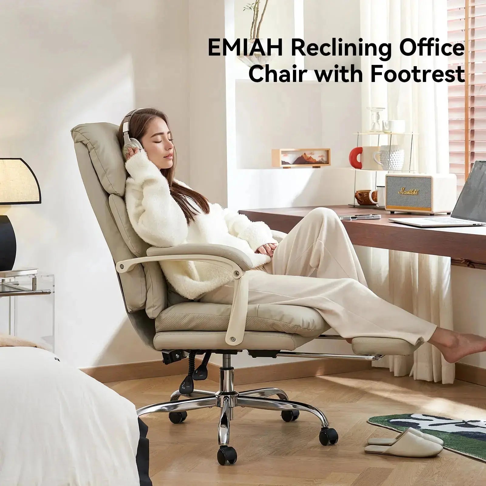 EMIAH C029 Ergonomic Genuine Leather Office Chair with Foot Rest - EMIAH Store Beige / Genuine Leather