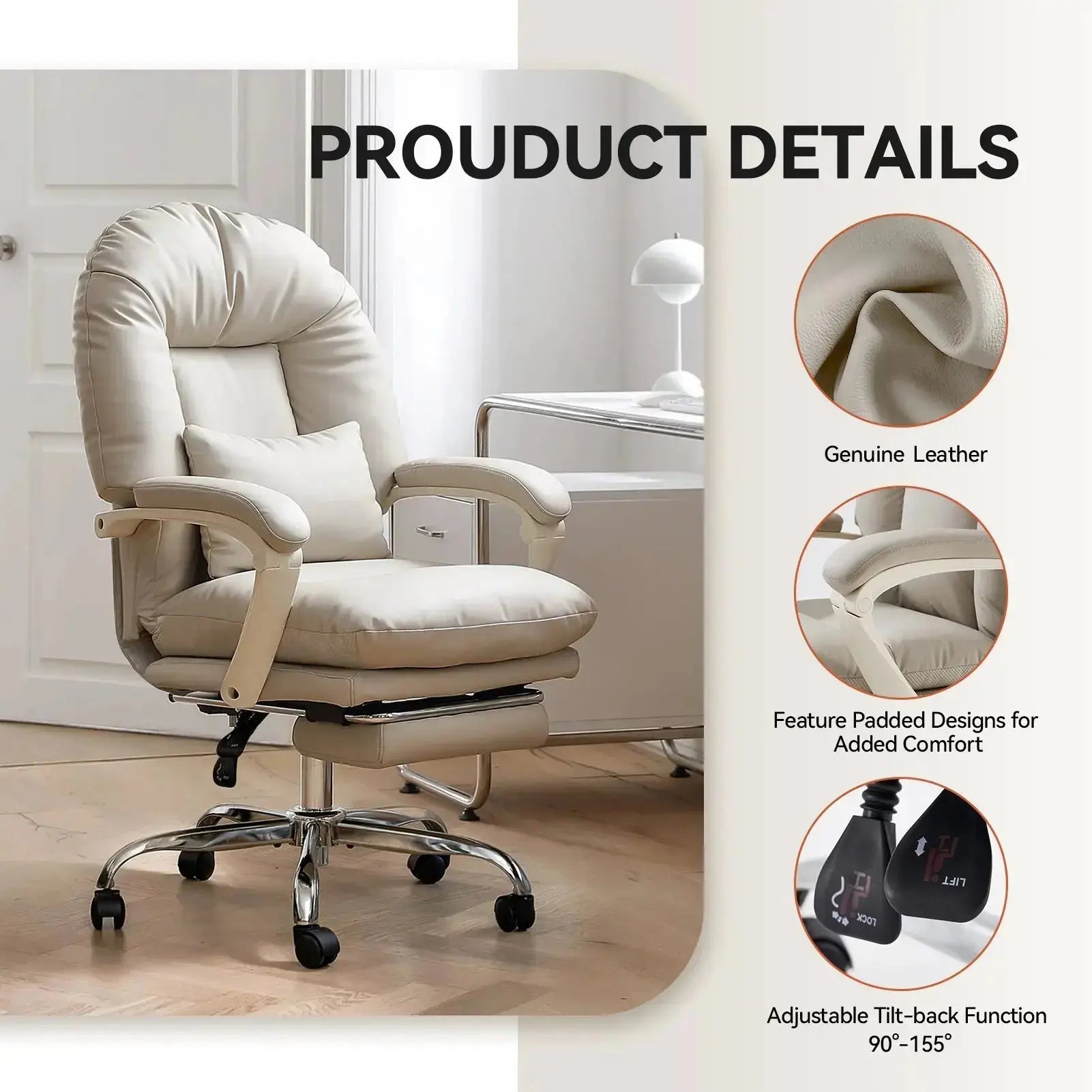 EMIAH C586 Ergonomic Ultra-Comfortable Office Chair with Foot Rest - EMIAH Store Beige / Genuine Leather