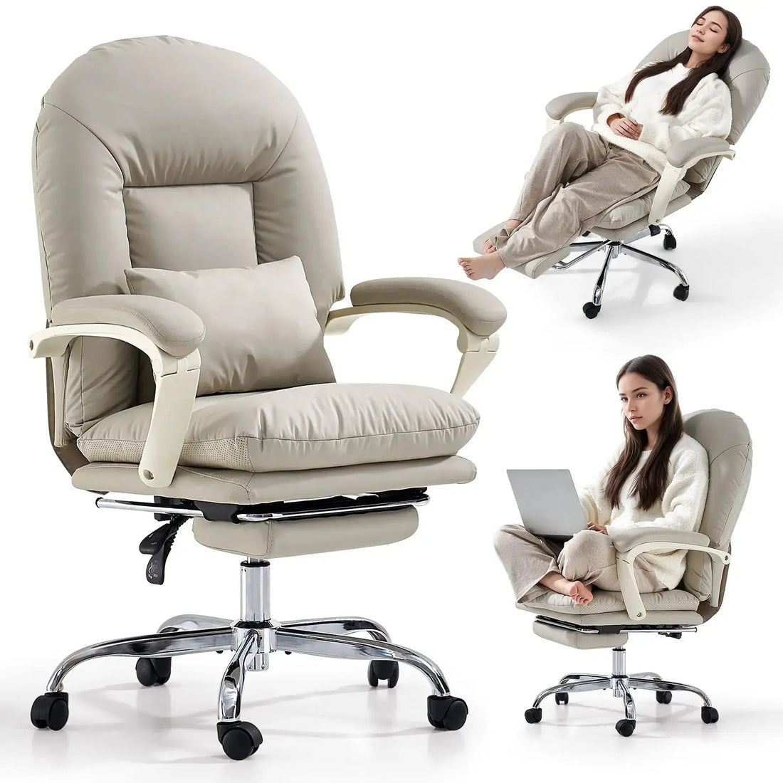 EMIAH C586 Ergonomic Ultra-Comfortable Office Chair with Foot Rest - EMIAH Store Beige / PU Leather