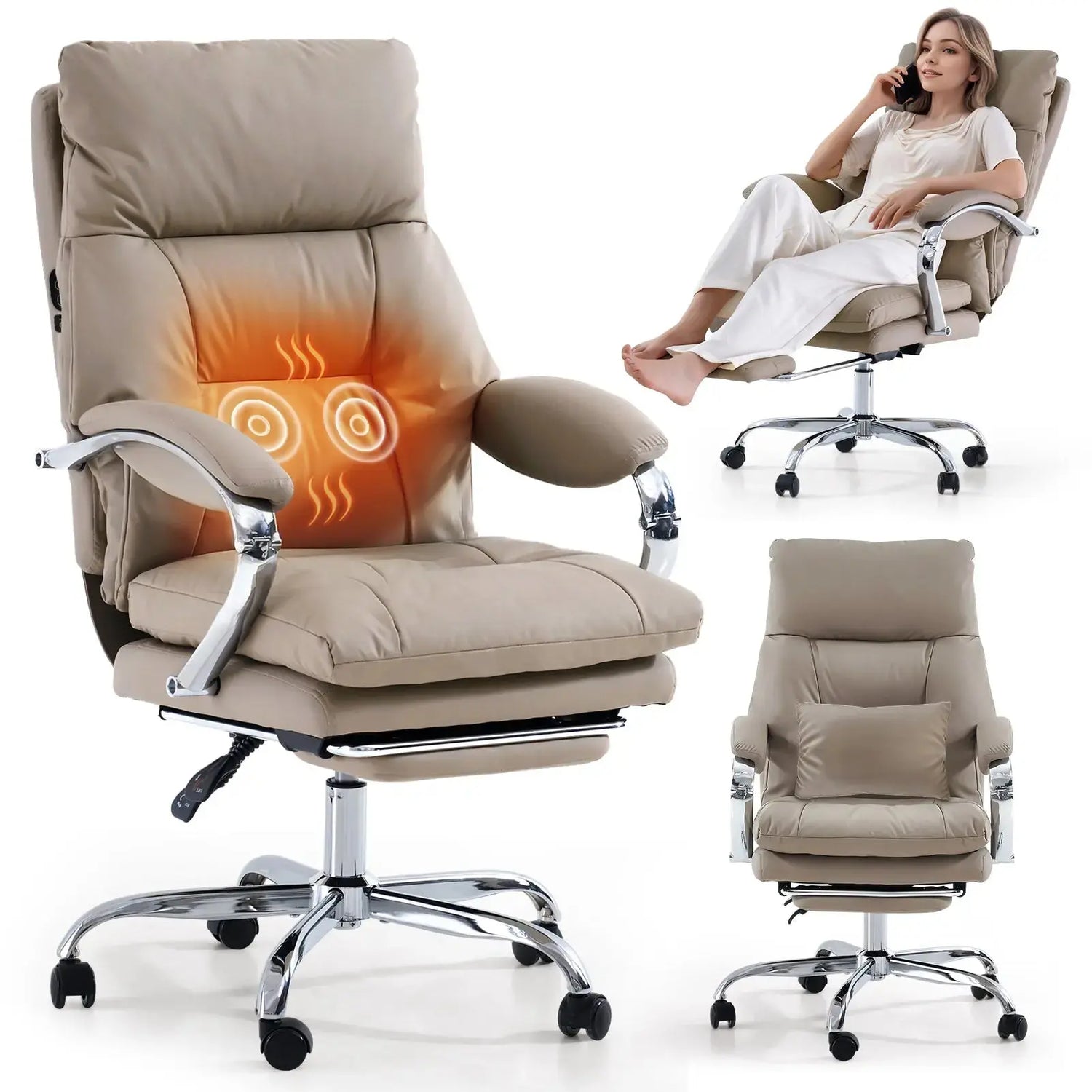 EMIAH C570 Comfortable Office Chair with Footrest - EMIAH Store Light Khaki / Heated Massage