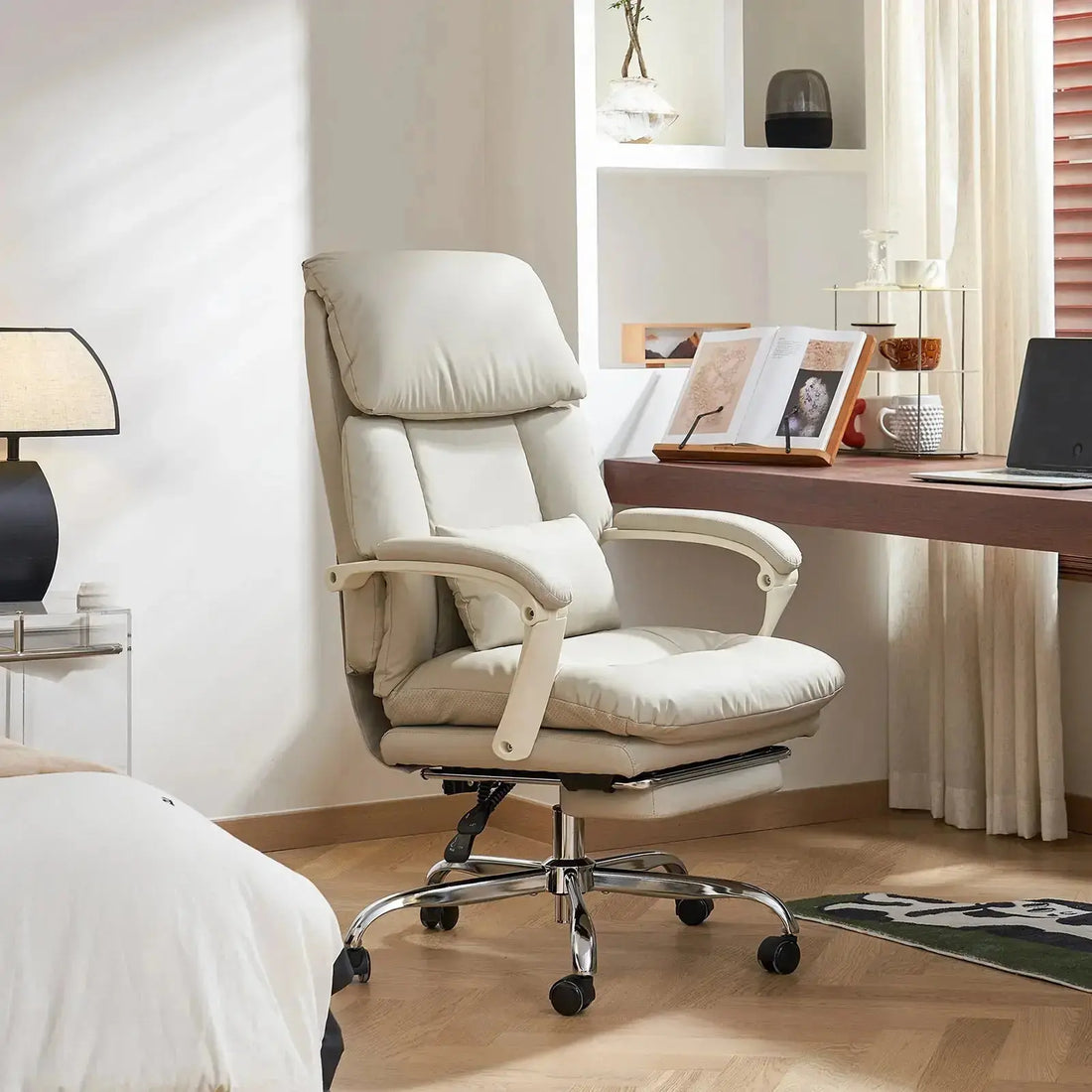 EMIAH C029 Ergonomic Genuine Leather Office Chair with Foot Rest - EMIAH Store Beige / PU Leather