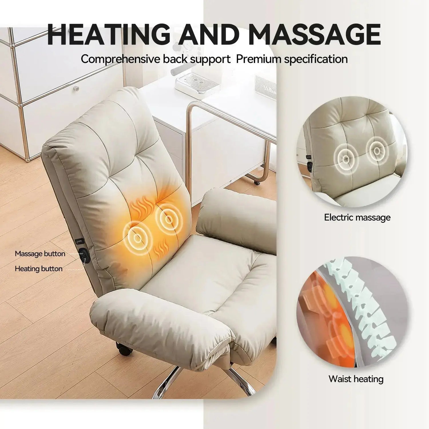 EMIAH C590 Comfy Ergonomic Office Chair with Footrest and Flip-up Arms - EMIAH Store Beige / Heated Massage